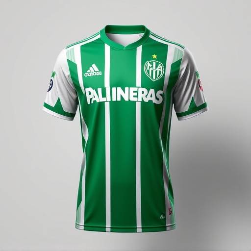 Camiseta do Palmeiras, verde e branca com o escudo clássico.