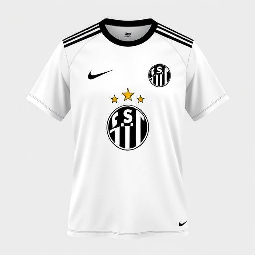 Camiseta do Santos, branca com detalhes em preto e o escudo tradicional.