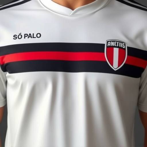 Camiseta do São Paulo, branca com listras vermelha e preta no peito.