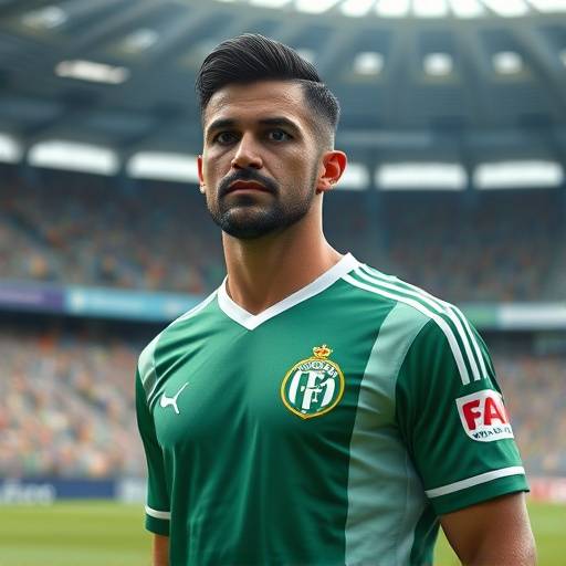 Foto de João Pereira, segurando uma camiseta do Palmeiras em um estádio.