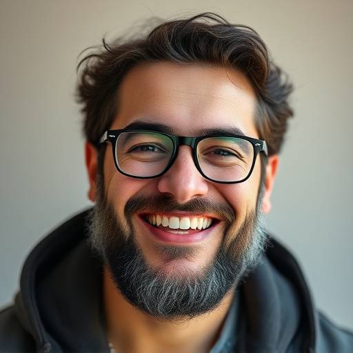 Foto de Ricardo Alves, sorrindo, com barba e óculos.
